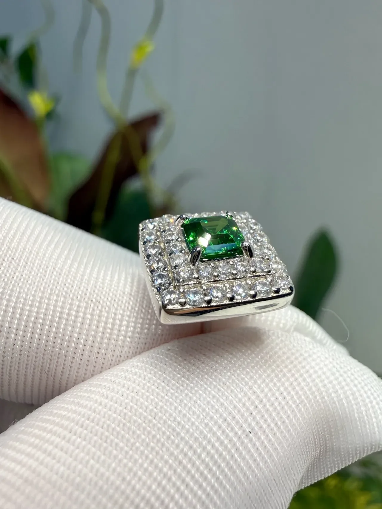 Square Green Gemstone Double-Halo Pavé Stud Earrings 5