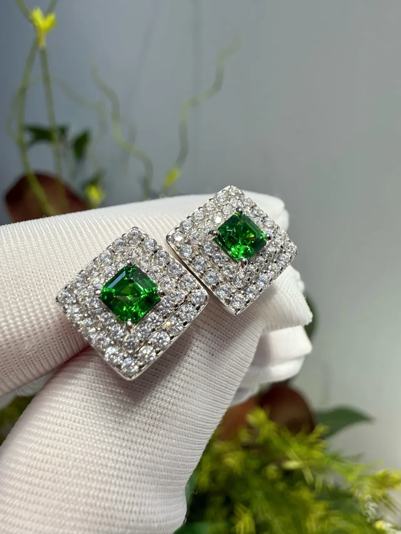 Square Green Gemstone Double-Halo Pavé Stud Earrings 6
