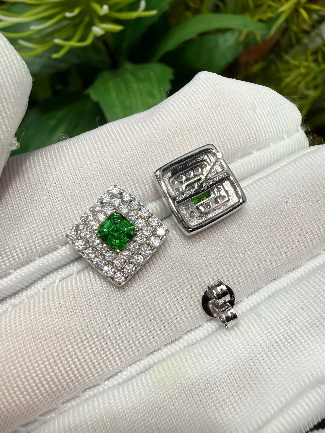 Square Green Gemstone Double-Halo Pavé Stud Earrings 7