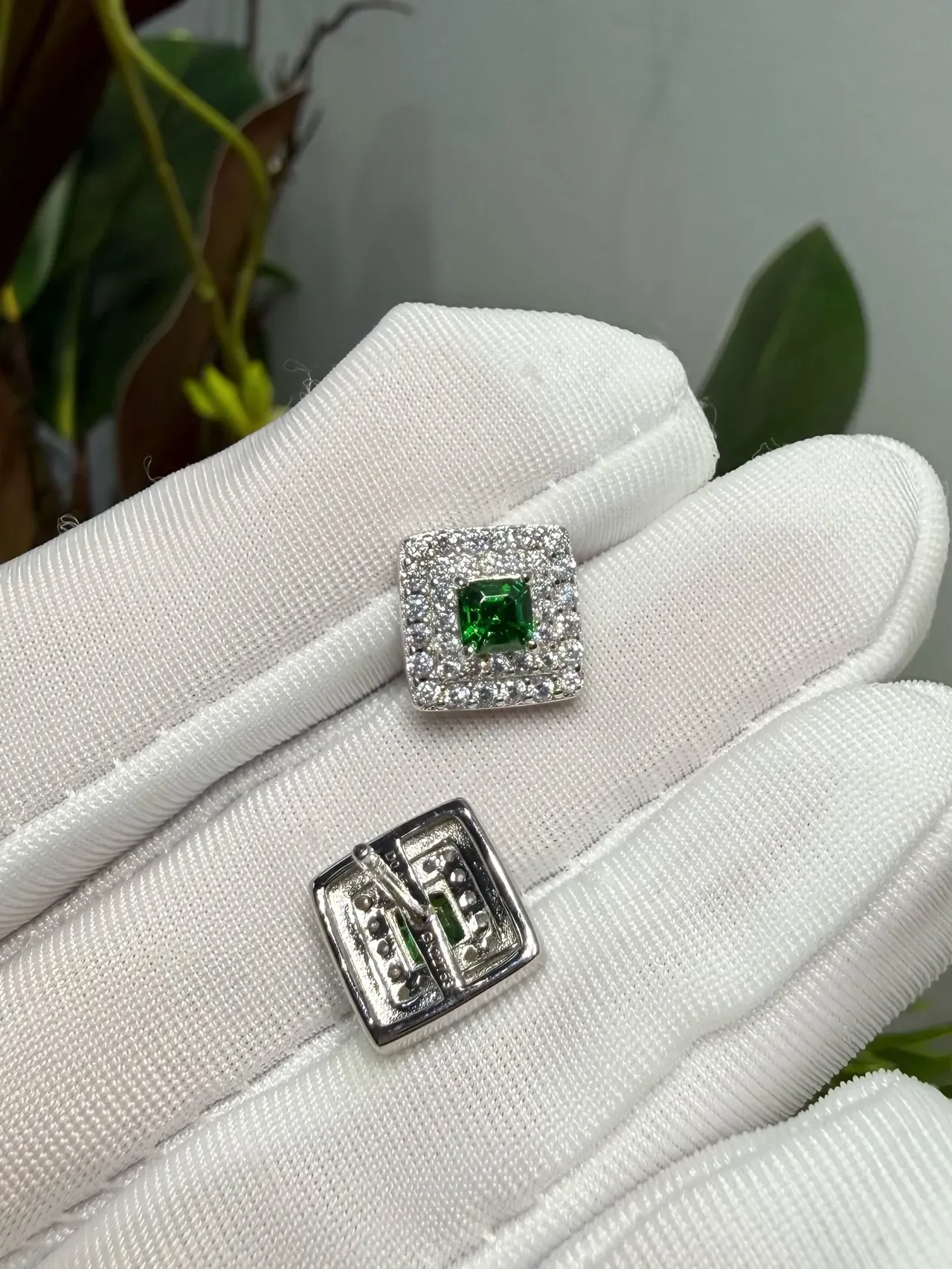 Square Green Gemstone Double-Halo Pavé Stud Earrings 8