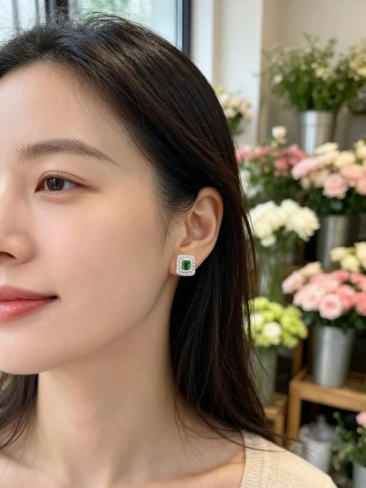 Square Green Gemstone Double-Halo Pavé Stud Earrings 9