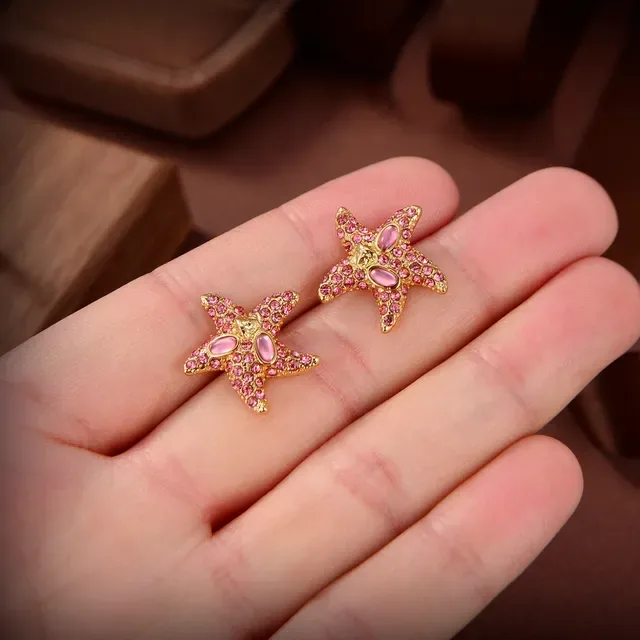 Star-Shaped Pave Crystal and Cabochon Stud Earrings 5