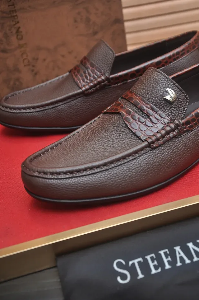 Stefano Ricci Brown Pebbled Leather Crocodile-Embossed Strap Loafer 2