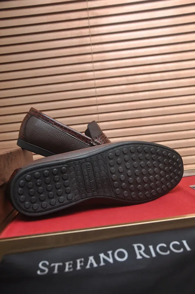 Stefano Ricci Brown Pebbled Leather Crocodile-Embossed Strap Loafer 3