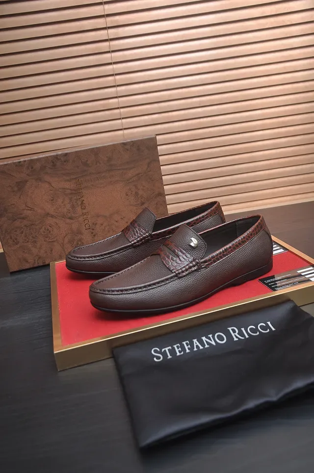 Stefano Ricci Brown Pebbled Leather Crocodile-Embossed Strap Loafer 4