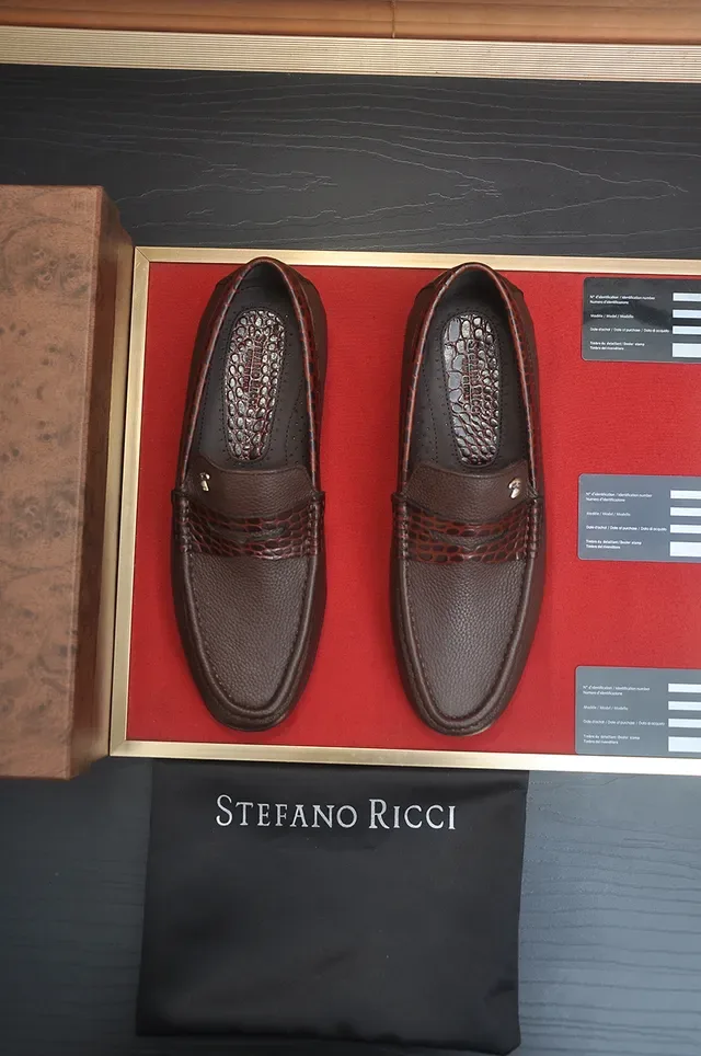 Stefano Ricci Brown Pebbled Leather Crocodile-Embossed Strap Loafer 5