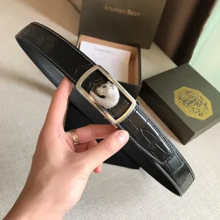 Stefano Ricci Panther Head Buckle Crocodile-Embossed Black Leather Belt