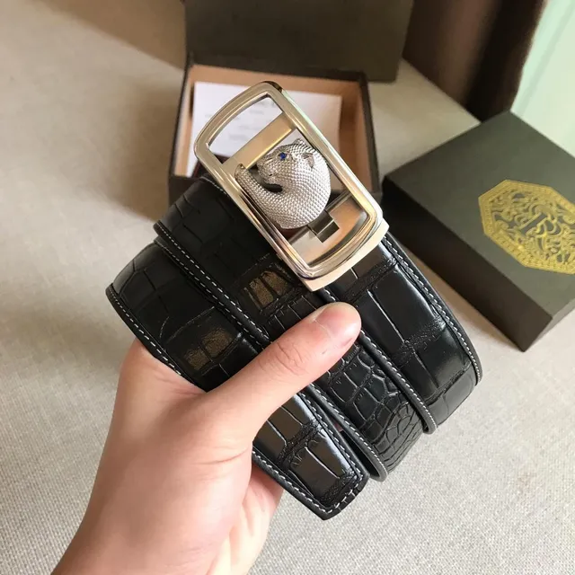 Stefano Ricci Panther Head Buckle Crocodile-Embossed Black Leather Belt 3