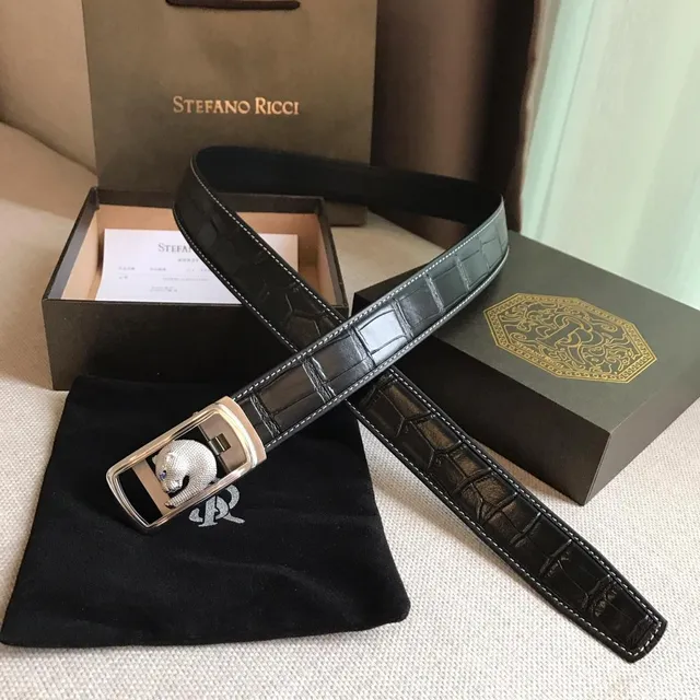 Stefano Ricci Panther Head Buckle Crocodile-Embossed Black Leather Belt 6