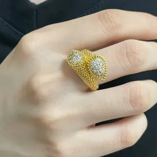Textured Gold Double Pavé Lobed Ring