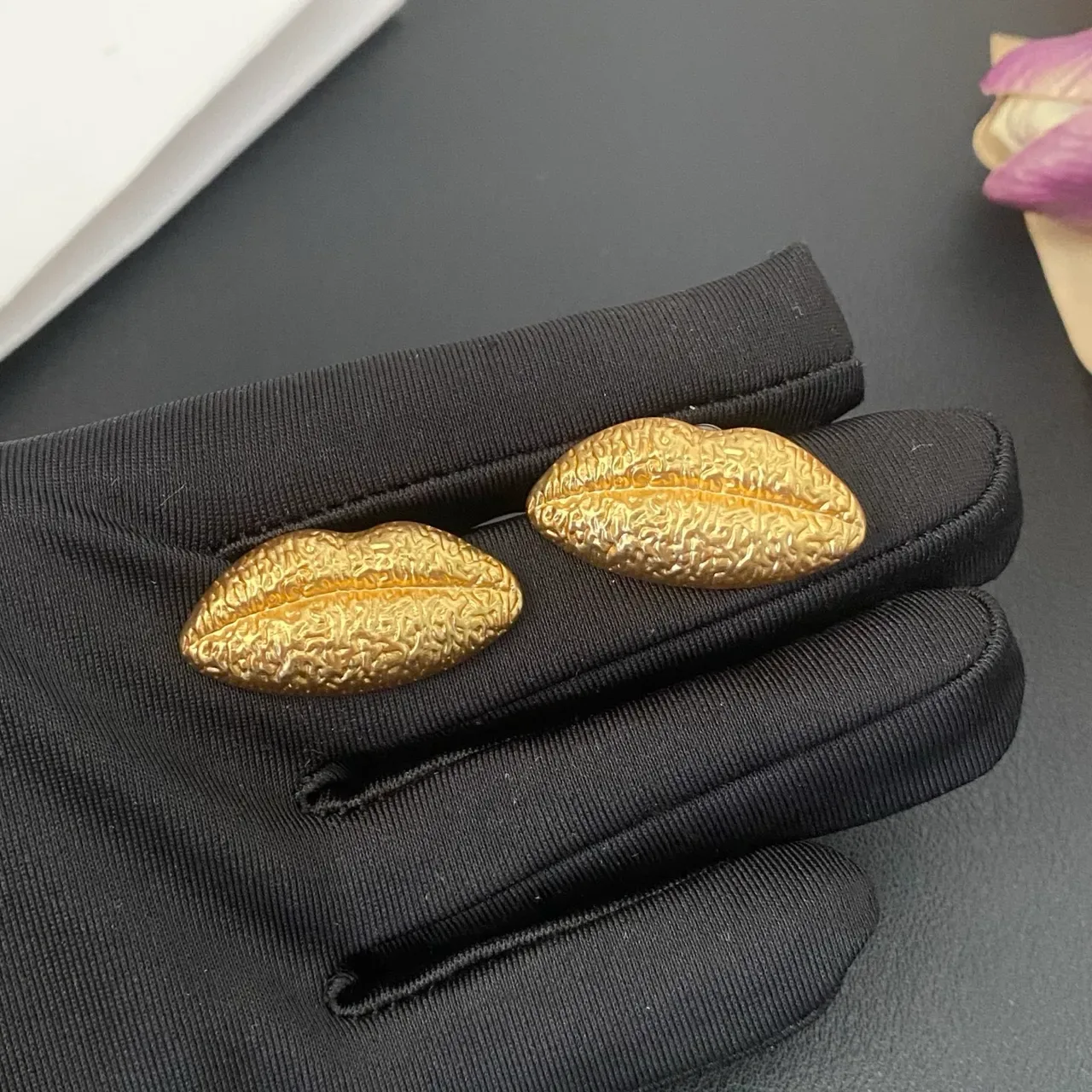 Textured Gold Lip-Shaped Sculptural Stud Earrings 4