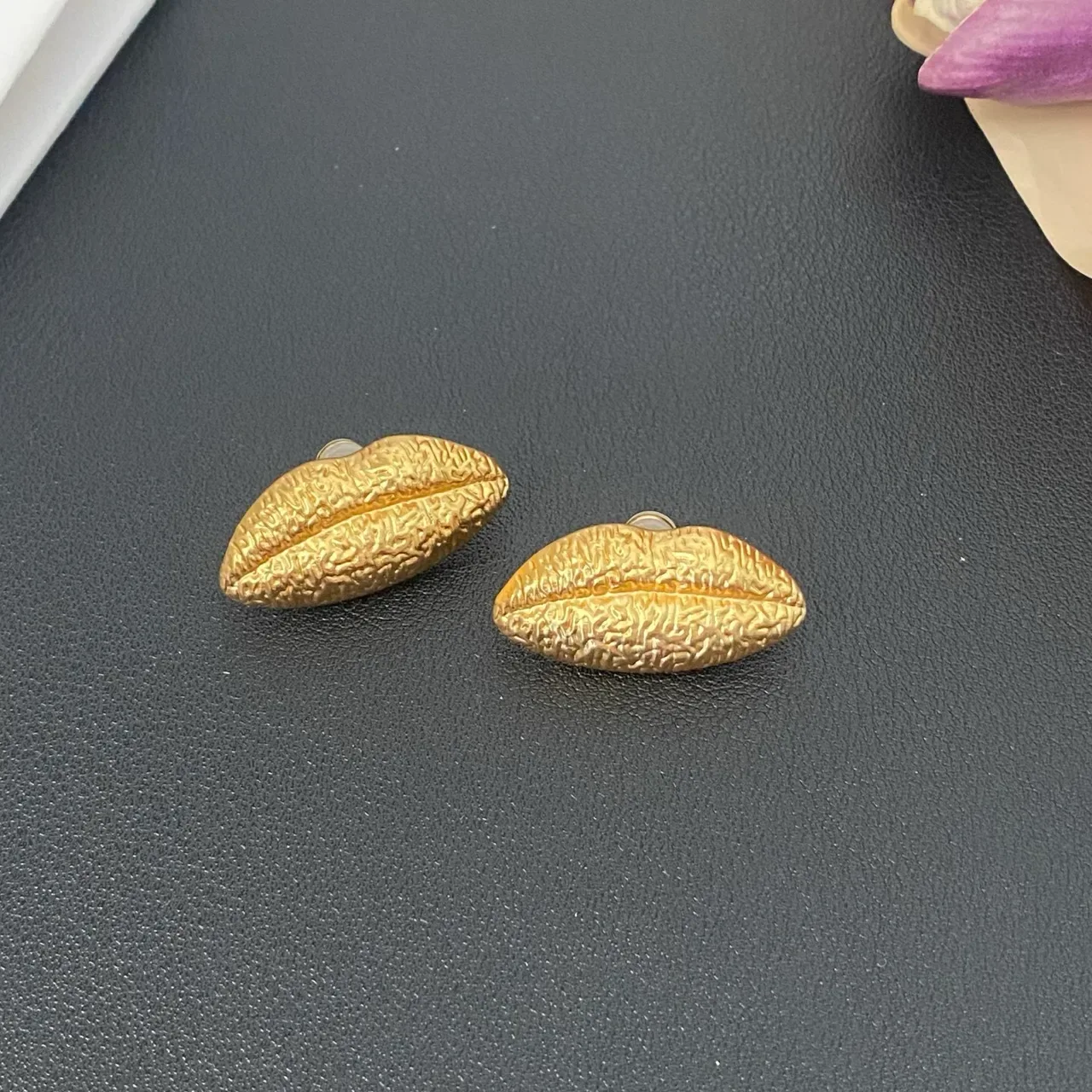 Textured Gold Lip-Shaped Sculptural Stud Earrings 5