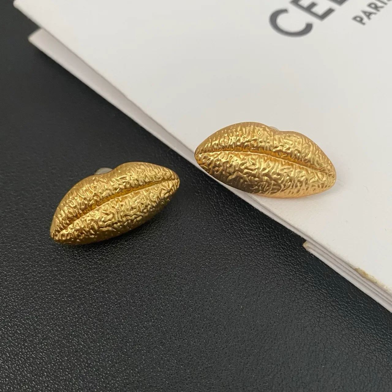 Textured Gold Lip-Shaped Sculptural Stud Earrings 6