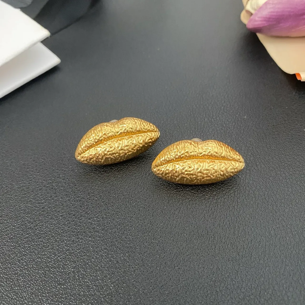 Textured Gold Lip-Shaped Sculptural Stud Earrings 7