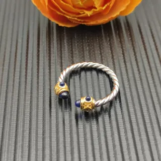 Twisted Rope Band Dual-Tone Blue Cabochon Open Adjustable Ring
