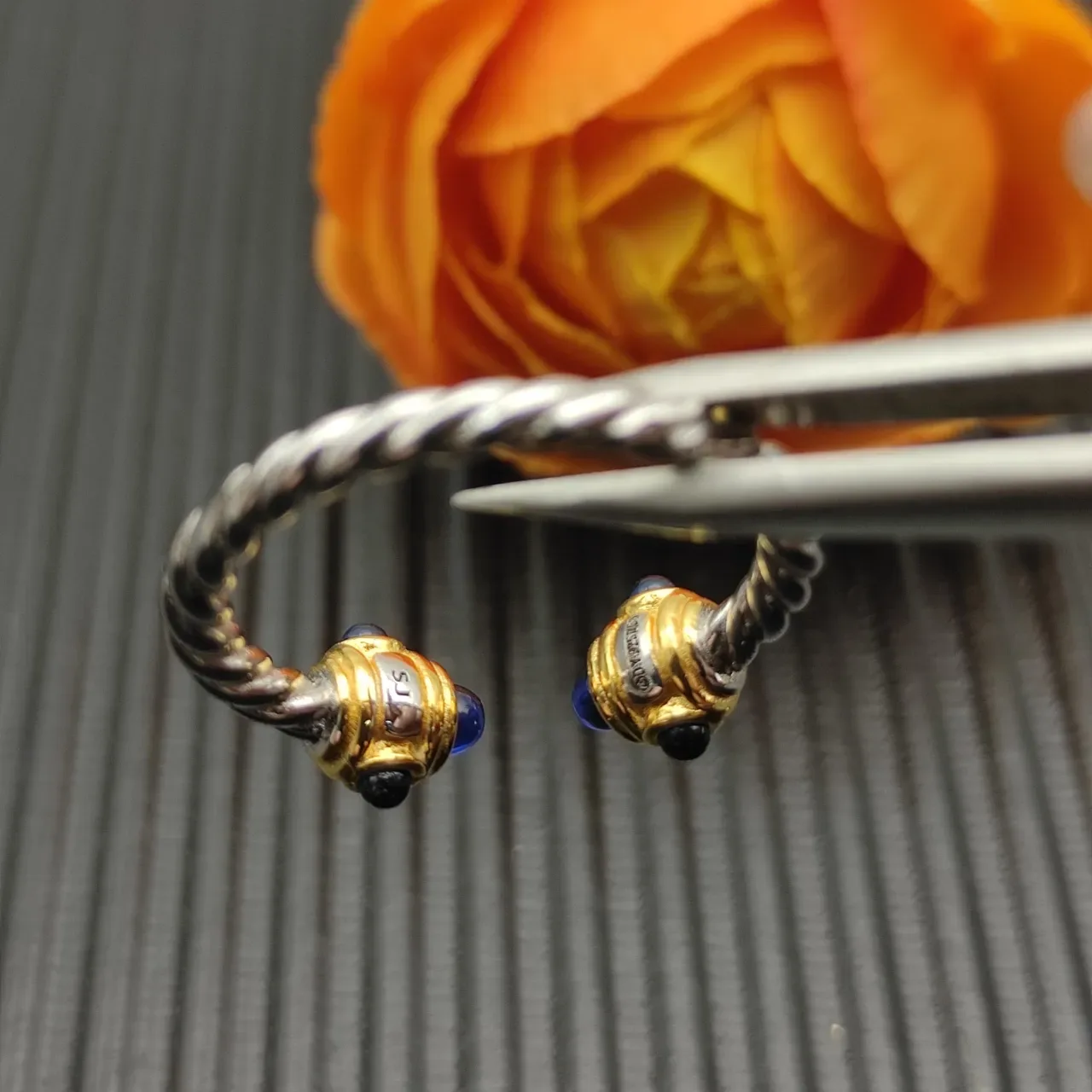 Twisted Rope Band Dual-Tone Blue Cabochon Open Adjustable Ring 6