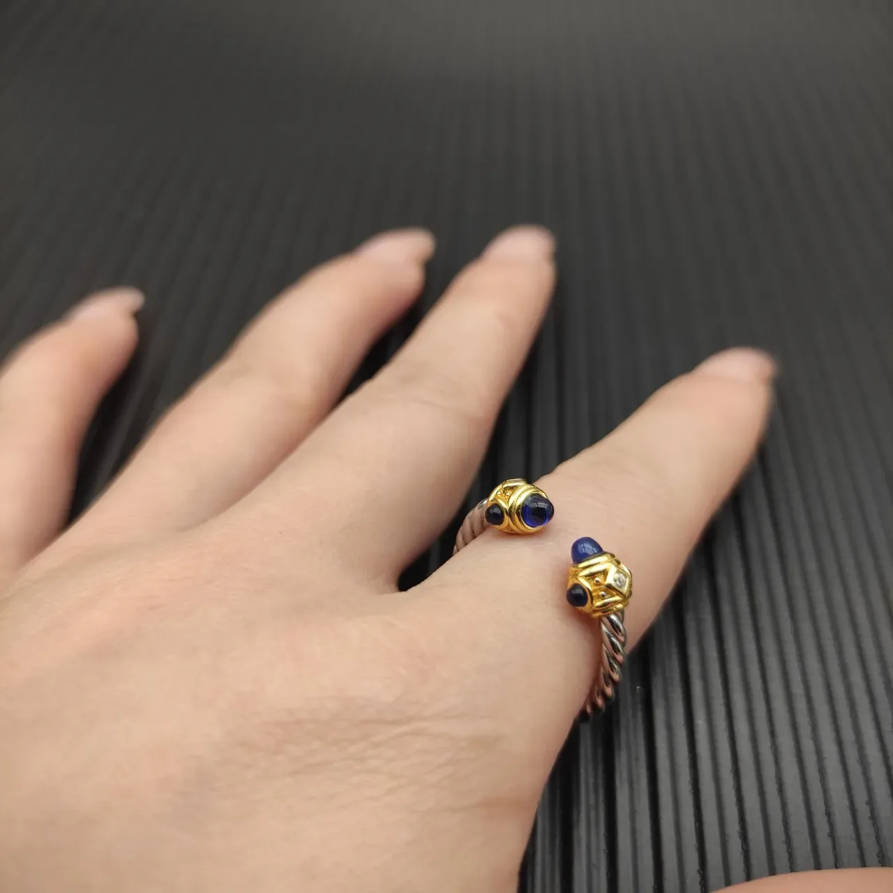 Twisted Rope Band Dual-Tone Blue Cabochon Open Adjustable Ring 7