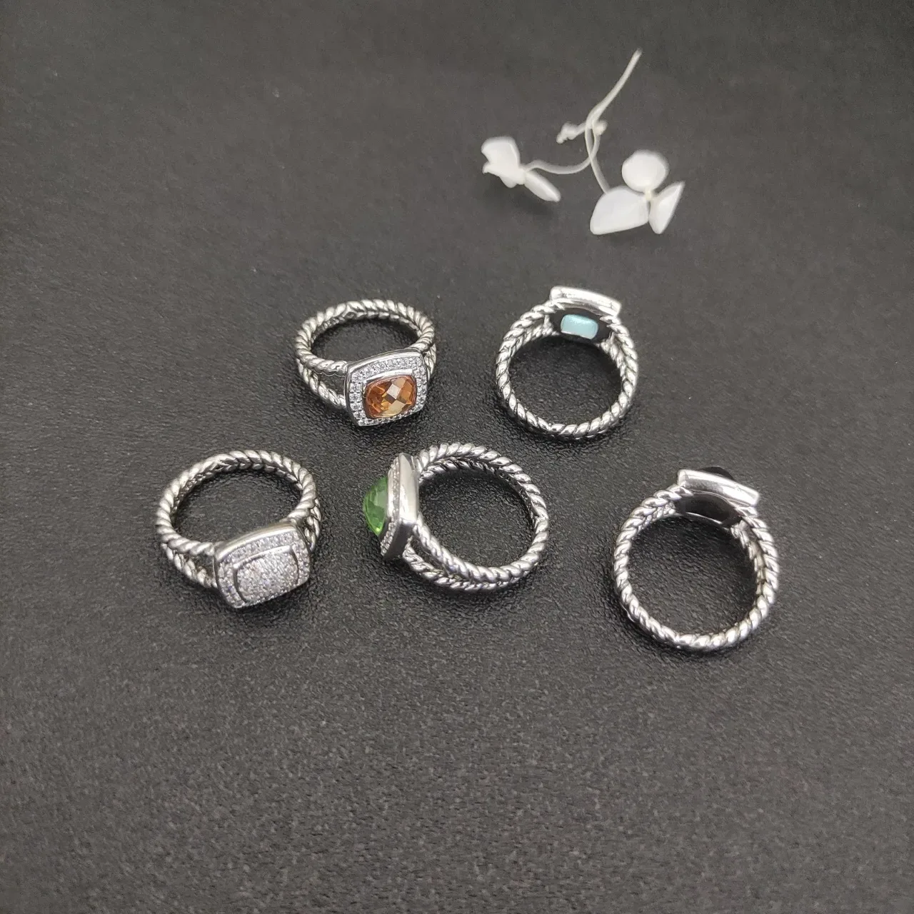 Twisted Rope Band Square Bezel Pavé Halo Gemstone Rings 2