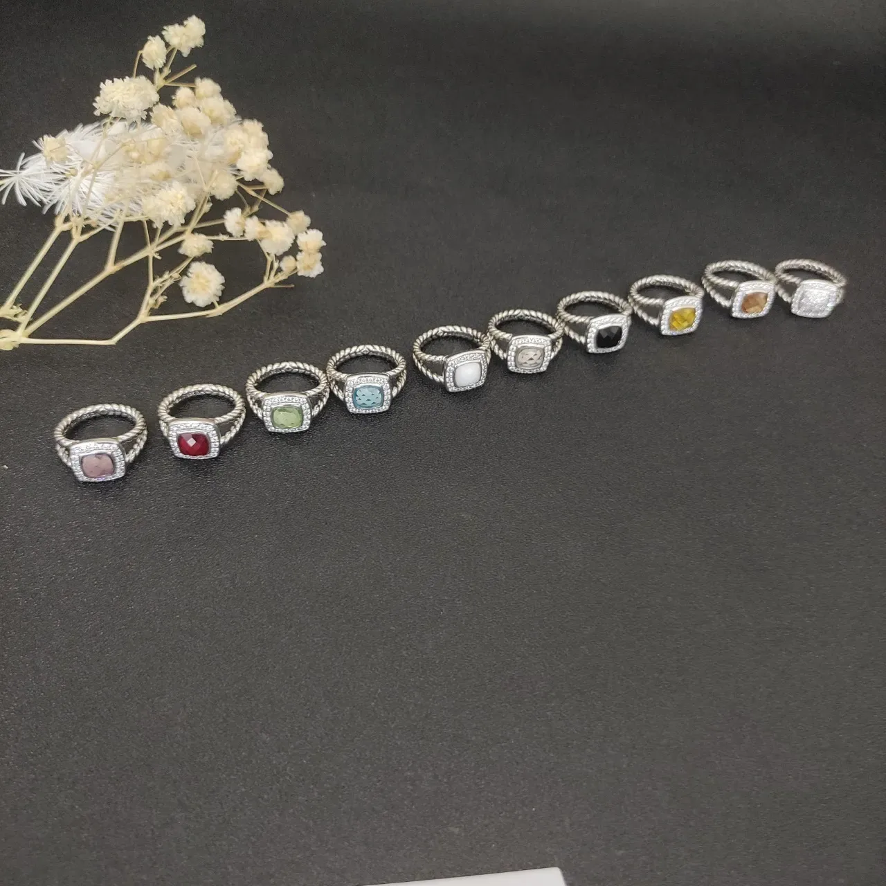 Twisted Rope Band Square Bezel Pavé Halo Gemstone Rings 4