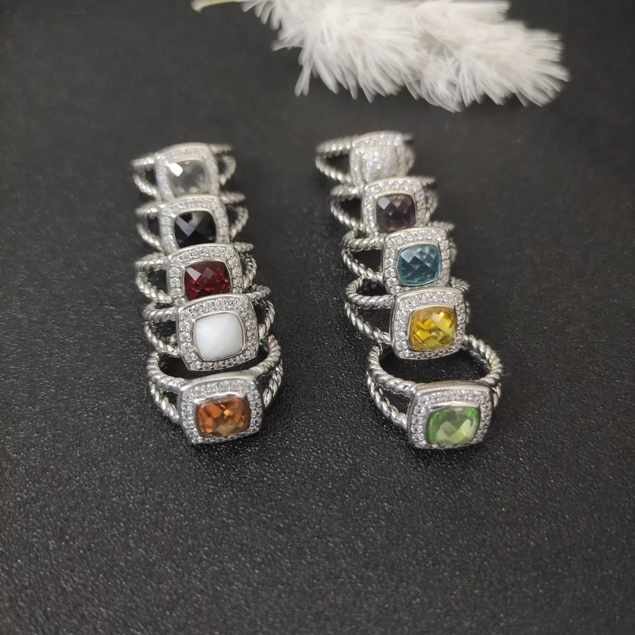 Twisted Rope Band Square Bezel Pavé Halo Gemstone Rings 6