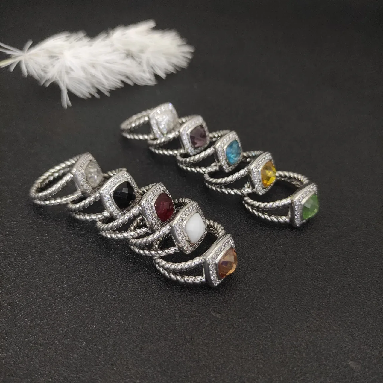 Twisted Rope Band Square Bezel Pavé Halo Gemstone Rings 7