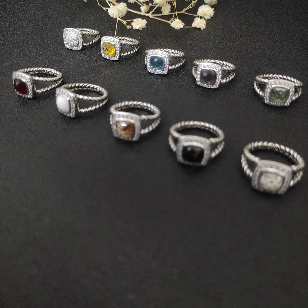 Twisted Rope Band Square Bezel Pavé Halo Gemstone Rings 9