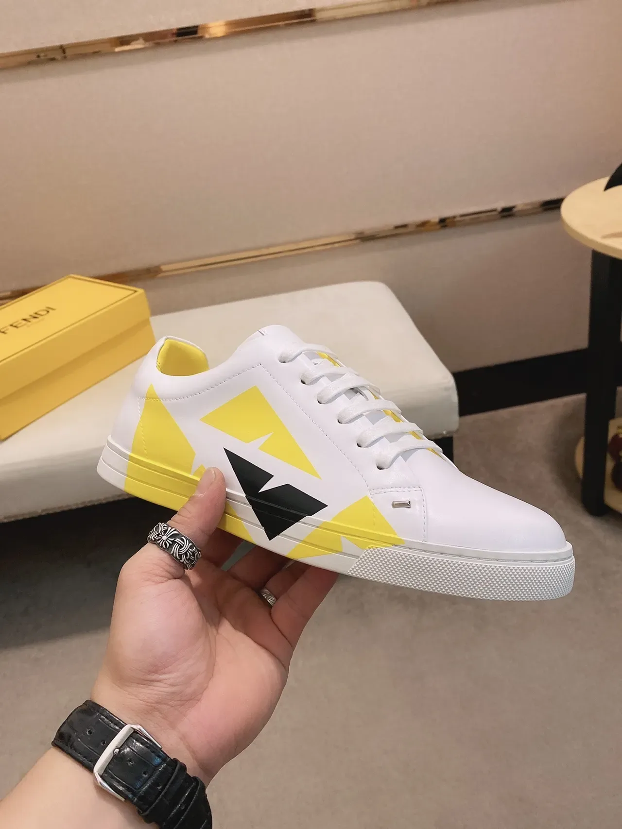White and Yellow Geometric Panel Low-Top Lifestyle Sneaker 7