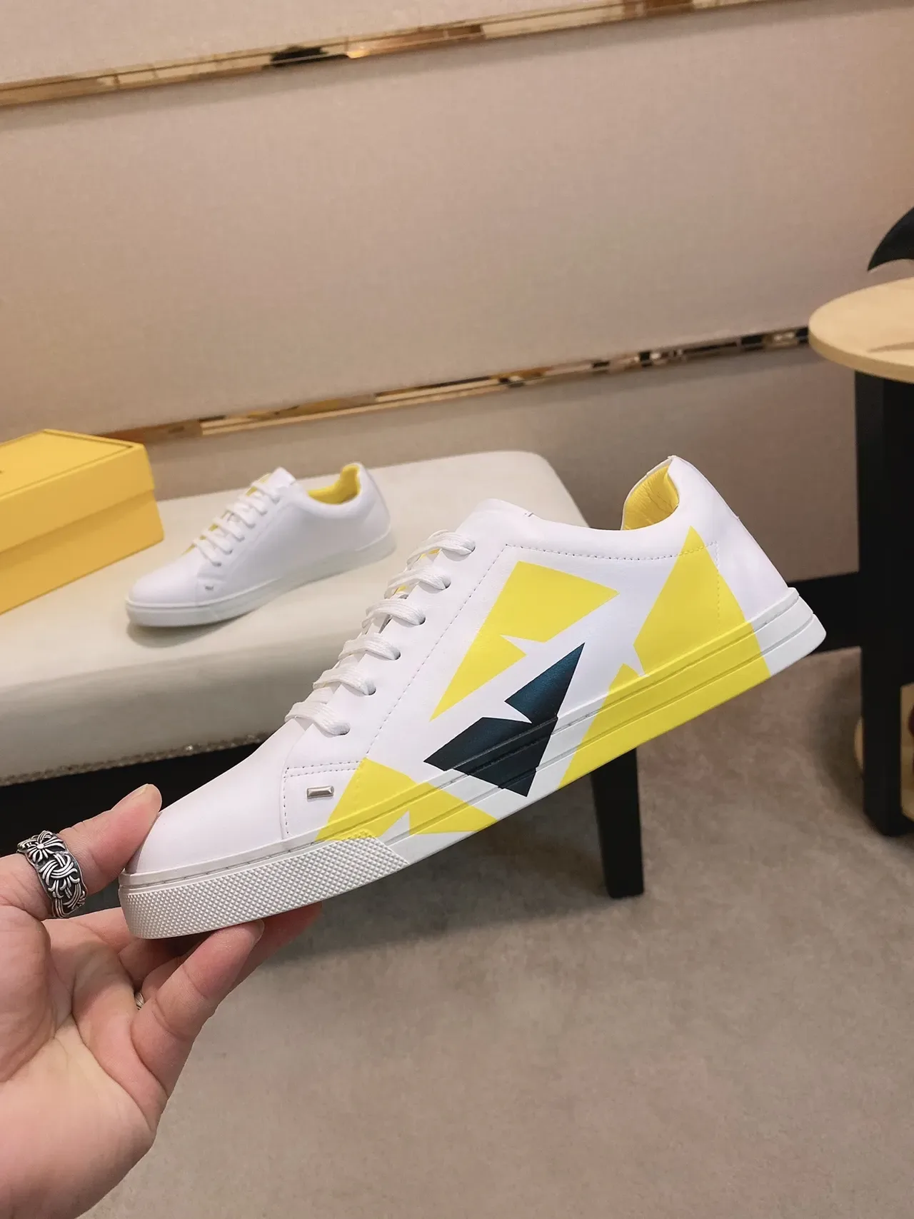 White and Yellow Geometric Panel Low-Top Lifestyle Sneaker 8