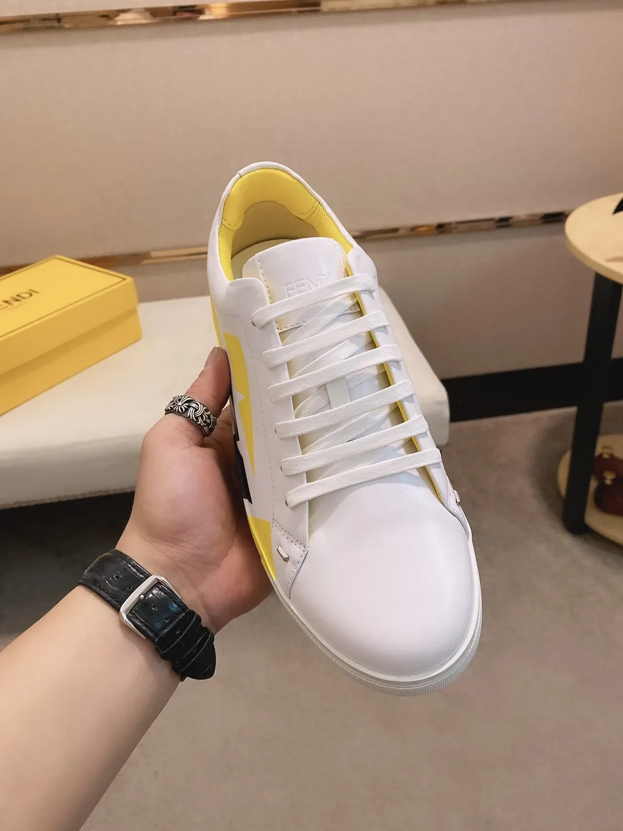 White and Yellow Geometric Panel Low-Top Lifestyle Sneaker 9
