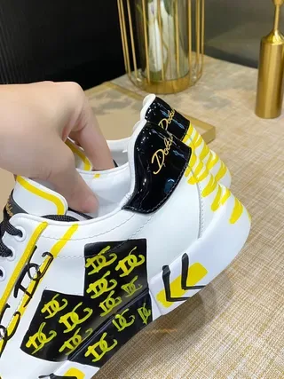 White and Yellow Graffiti-Print Low-Top Lifestyle Sneakers 4