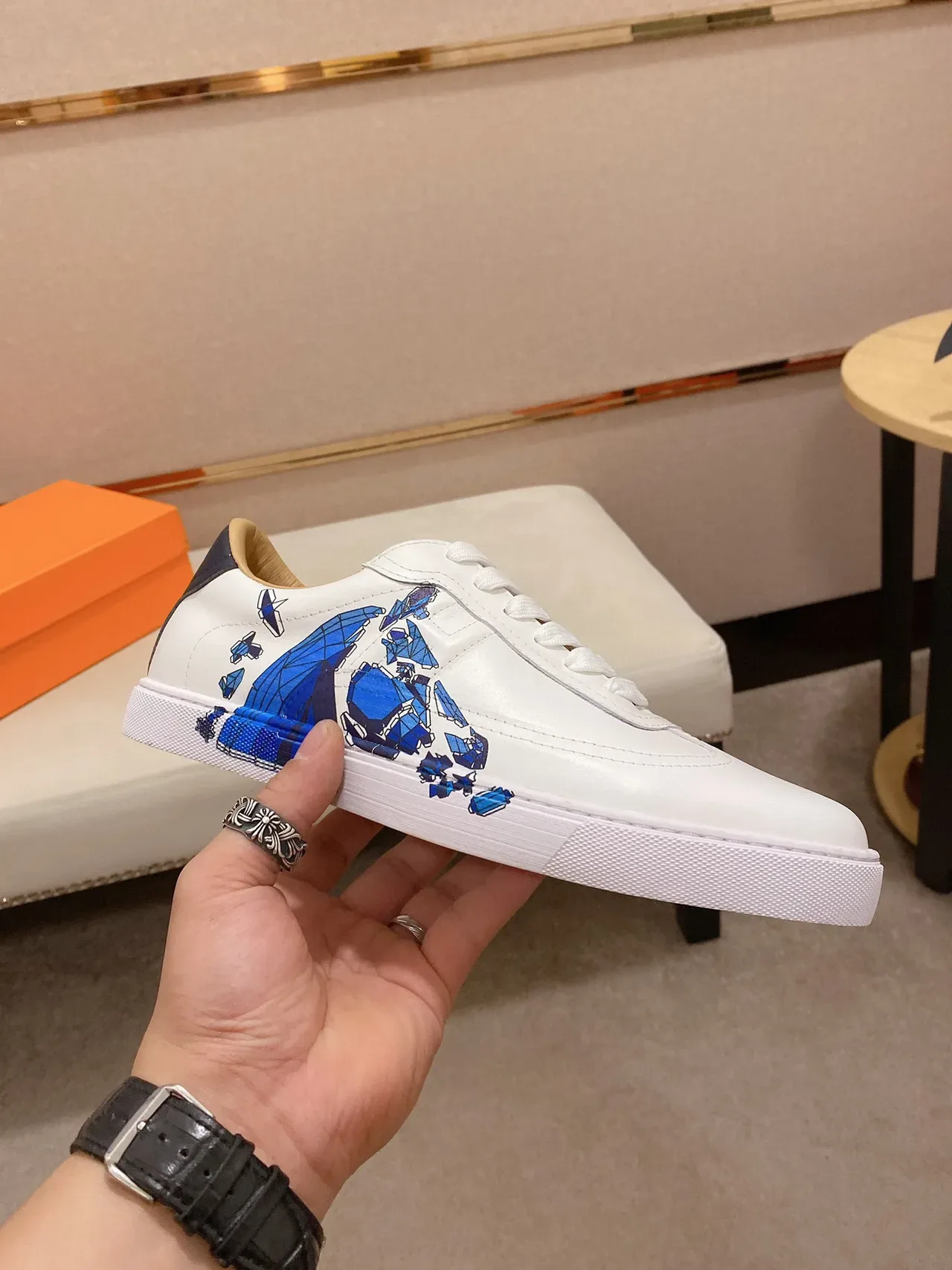 White Blue Leather Low-Top Geometric Side Print Sneakers 6
