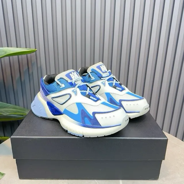 White Blue Platform Sole Multi-Panel Synthetic And Mesh Upper Chunky Sneakers 3