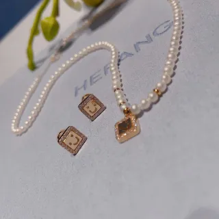 白金珍珠串正方形笑脸吊坠项链