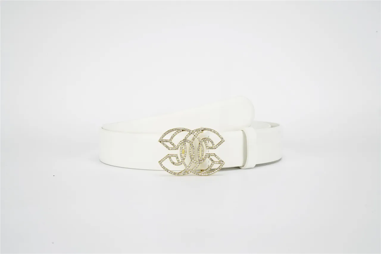 White Gold Smooth Strap Crystal-Embellished Buckle Leather Belt 4