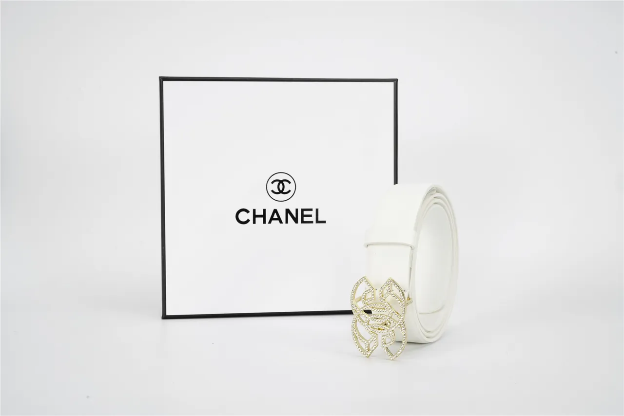 White Gold Smooth Strap Crystal-Embellished Buckle Leather Belt 6