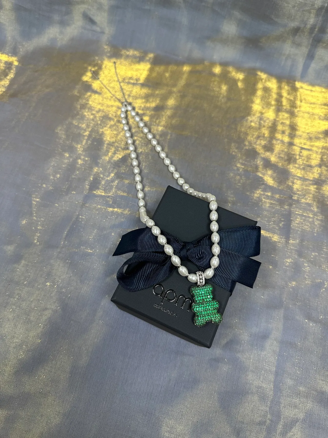White Green Pearl Strand Pavé-Set Gummy Bear Pendant Necklace 2