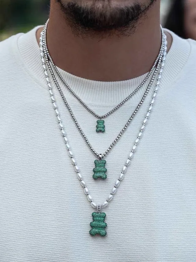 White Green Pearl Strand Pavé-Set Gummy Bear Pendant Necklace 4