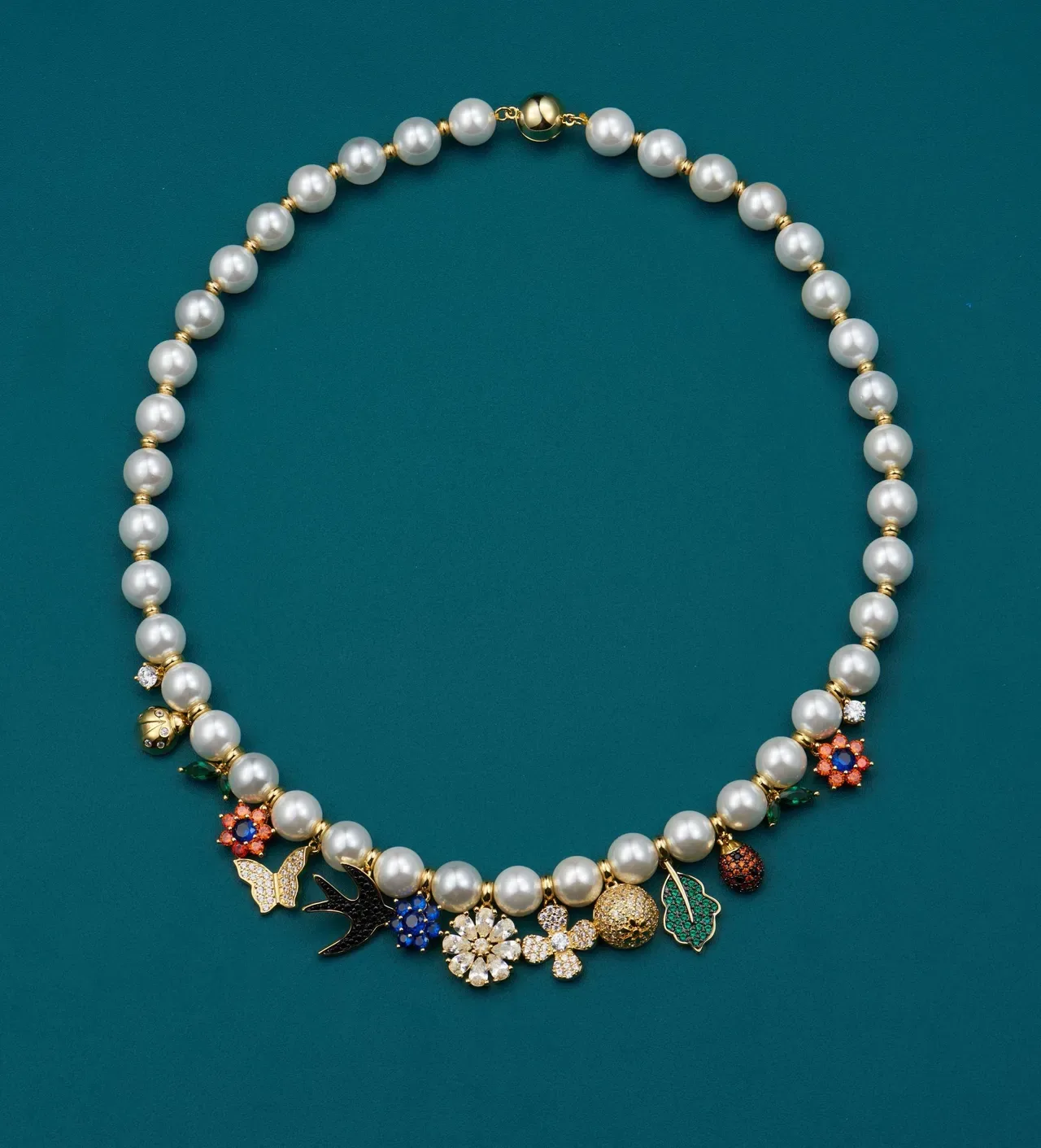 White Multicolor Pearl Strand Charm Pendant Necklace 1