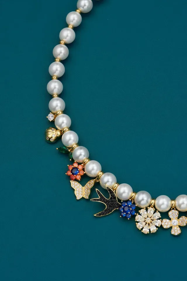 White Multicolor Pearl Strand Charm Pendant Necklace 8
