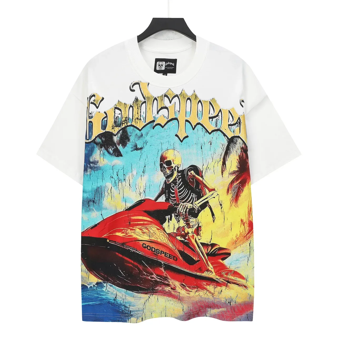 White Oversized Graphic Print Skeleton Jet Ski T-Shirt 2