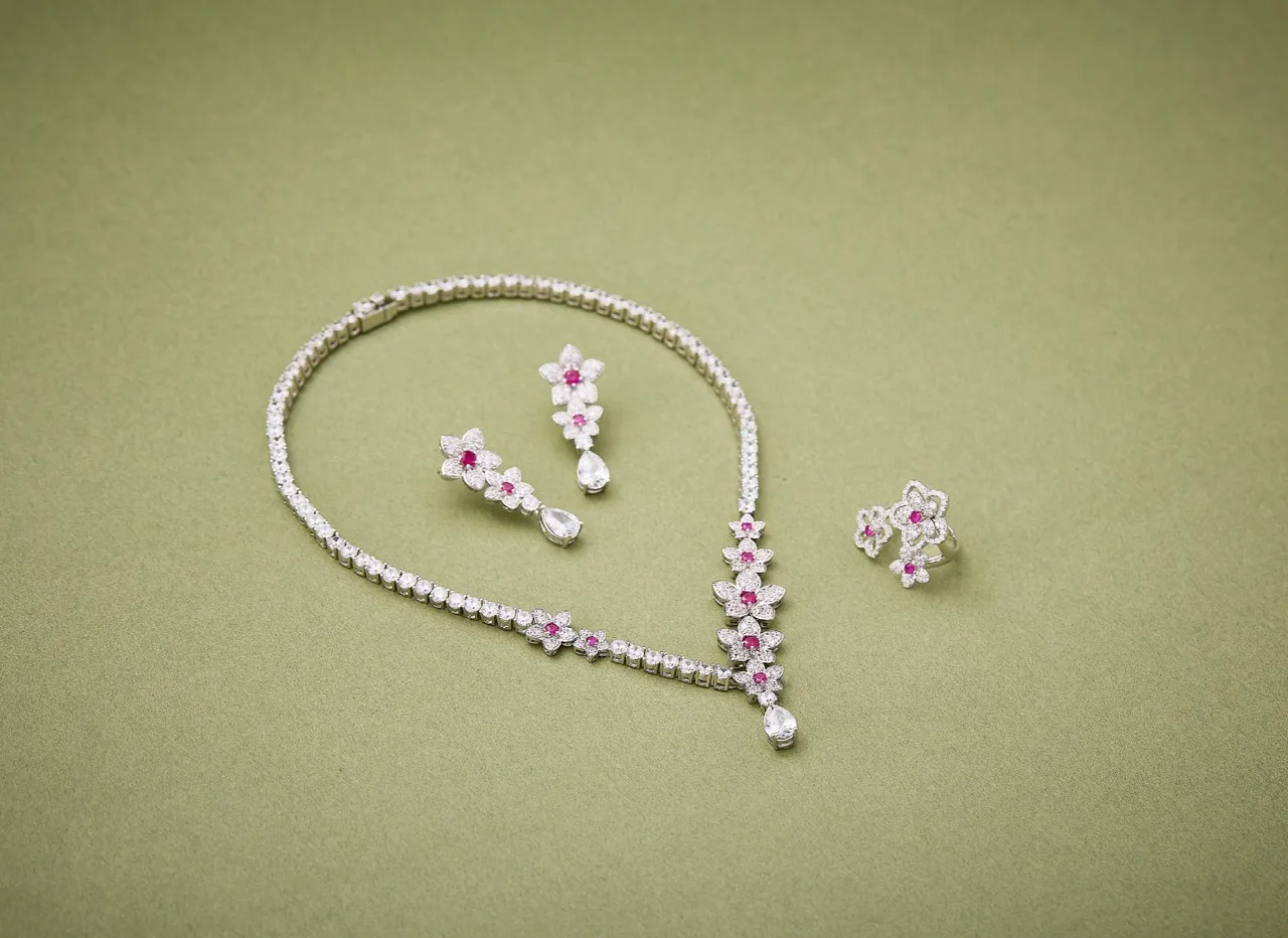 White Pink Floral Motif V-Drop Design Necklace 4