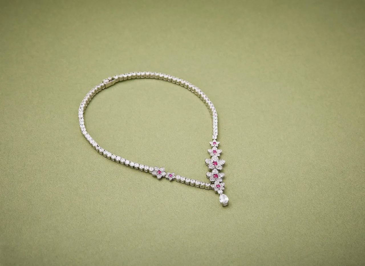 White Pink Floral Motif V-Drop Design Necklace 5