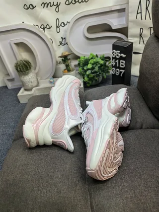 White Pink Oversized Sole Mesh And Synthetic Overlay Chunky Sneakers 6