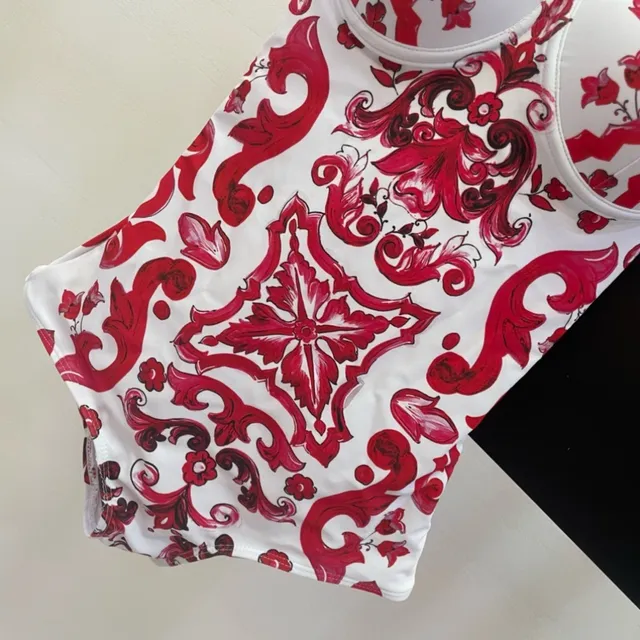 White Red Baroque-Print Underwire Bust Swimwear 6