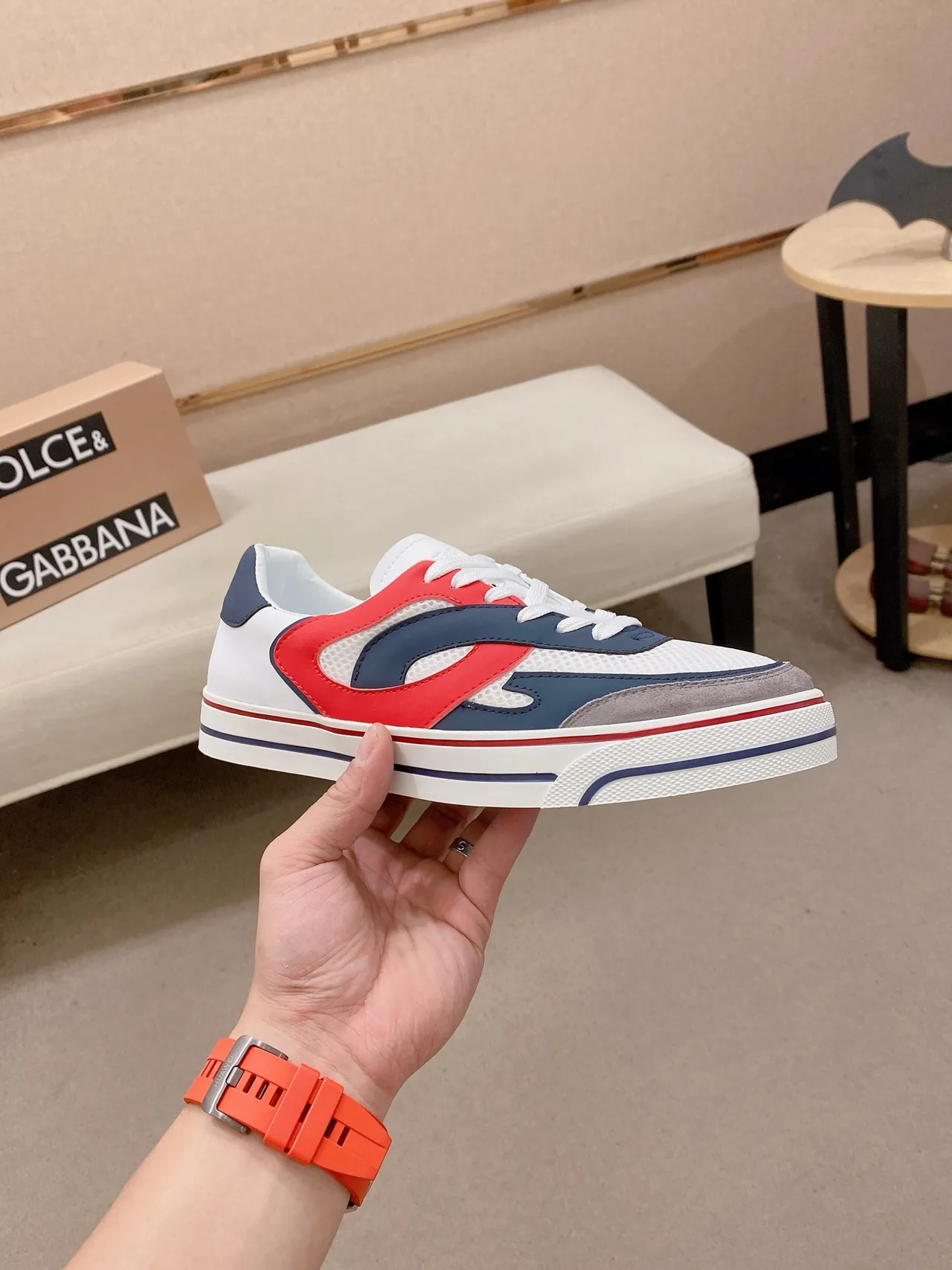 White Red Navy Blue Multi-Panel Overlay Low-Top Lifestyle Sneaker 5