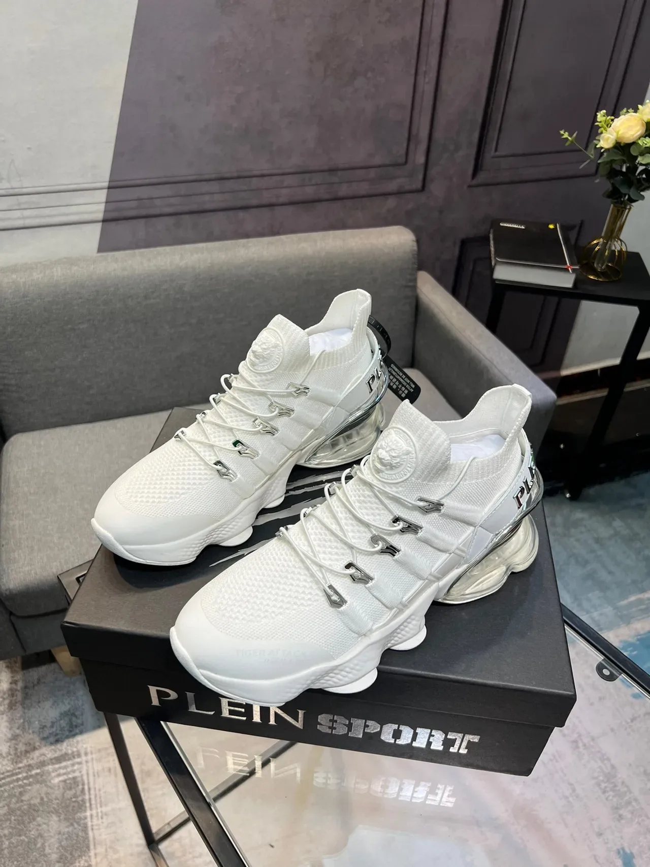 White Silver Knit Upper Transparent Air Unit Sneakers 3