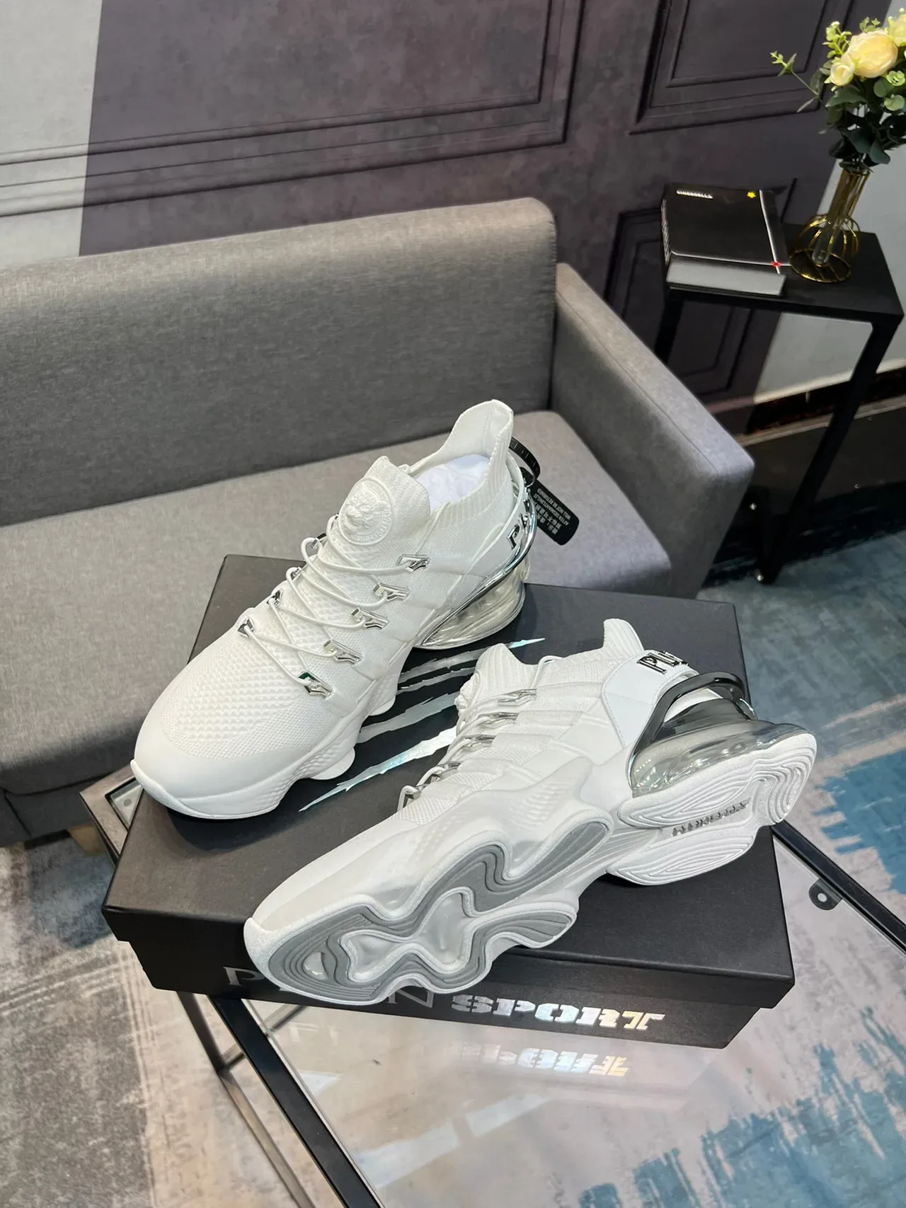 White Silver Knit Upper Transparent Air Unit Sneakers 4