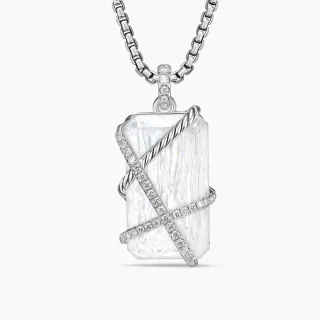 Collier en argent blanc rectangulaire faceté avec pierre motif de corde torsadée en bandes