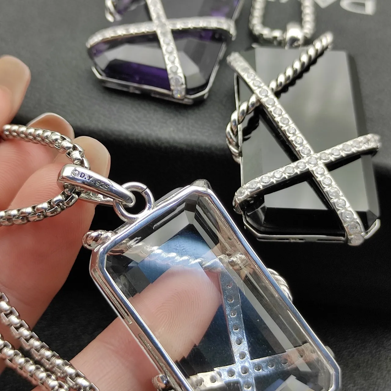 White Silver Rectangular Faceted Stone Twisted Rope Motif Bands Necklace 5