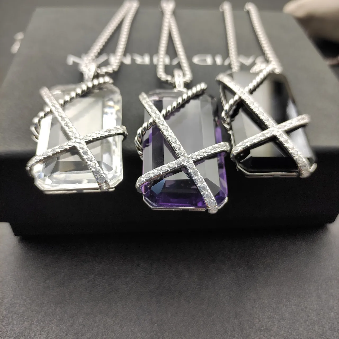 White Silver Rectangular Faceted Stone Twisted Rope Motif Bands Necklace 6